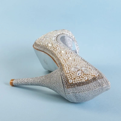 OUTLET Silver women's brocade pumps with cubic zirconia and pearls Gitana - Footwear