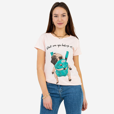 Ladies 'pink t-shirt with colored print - Clothing