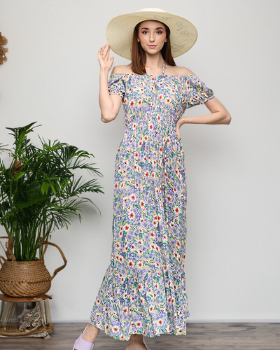 Long summer green dress for women with purple flowers - Clothing