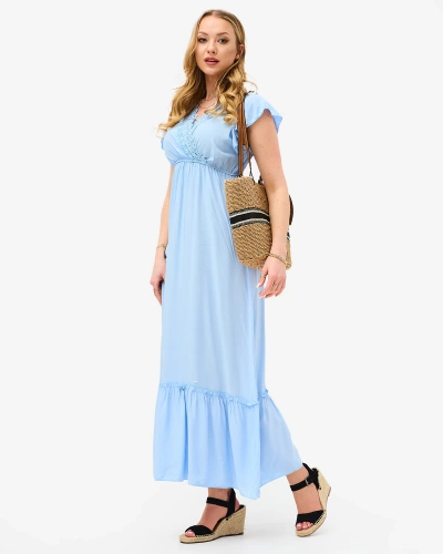 Women's blue long dress with lace - Clothing