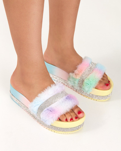 Multicolored women's slippers with fur and cubic zirconia Zerika - Footwear