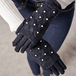 Women's navy blue mittens with pearls - Gloves