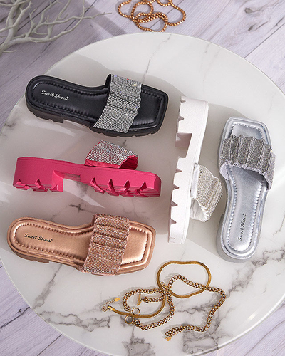 OUTLET White women's slippers with cubic zirconias Emkoy- Footwear