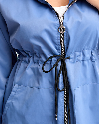 Women's Blue Long Tied Waist Windbreaker Jacket - Clothing