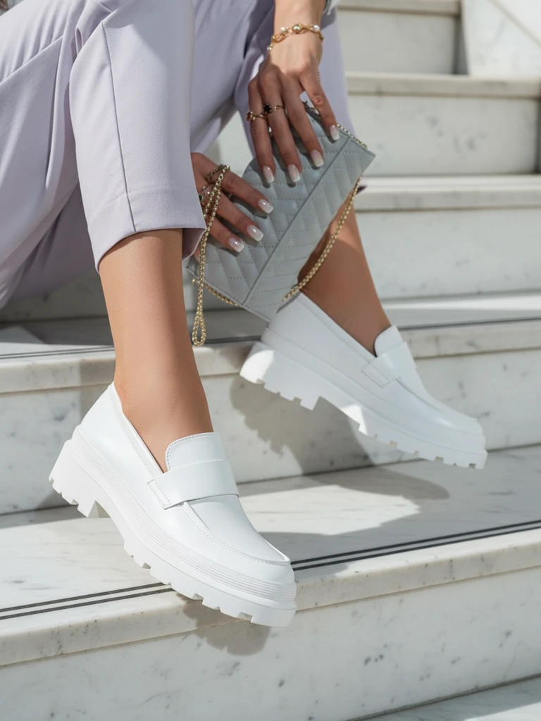 Mokaseno por Lejdi Aura Blanka sur Platformo - Eleganta kaj Komforta, Eko-Leðre