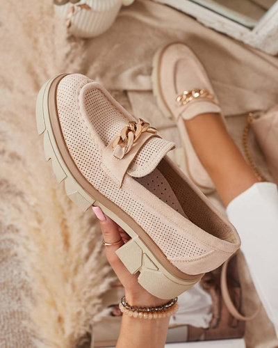 Eco-suede moccasins with gold decoration in beige Zaffix- Footwear