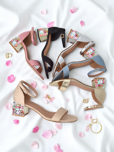 Elektra Aurelia – gold sandals on a block heel with colorful crystals 5.5 cm