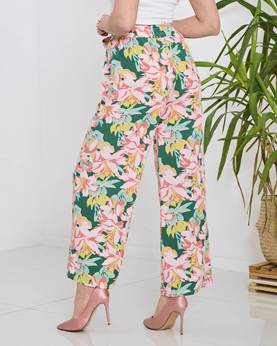 Women's green palazzo pants with pink flowers - Clothing