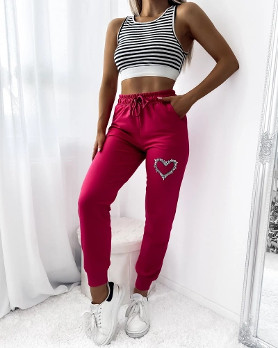 Women's dark pink sweatpants with zirconia embellishment- Clothing