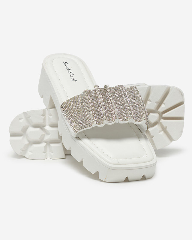 OUTLET White women's slippers with cubic zirconias Emkoy- Footwear