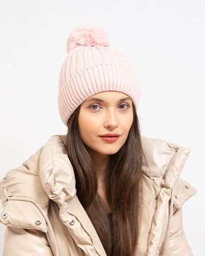 Grey women's insulated glossy beanie with pompom - Accessories