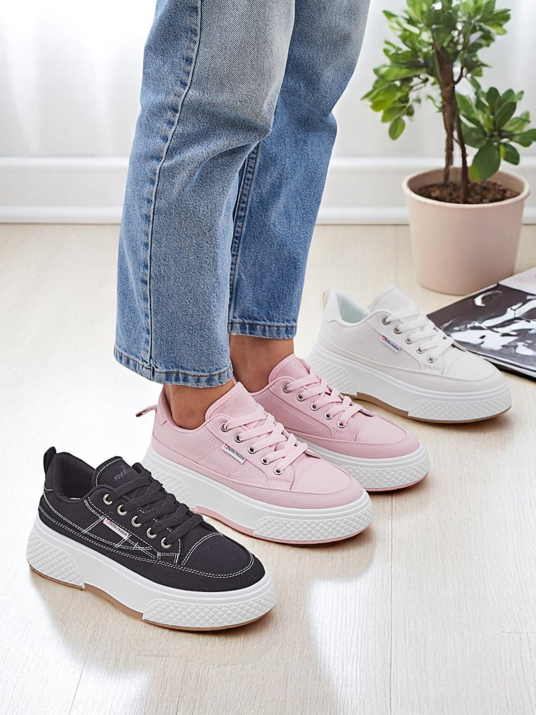 Aurora Rosa - Damskie Różowe Sneakersy Platforma Tkanina Wiosna/Lato/Jesień