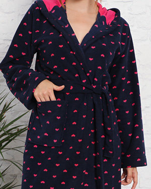 Soft navy blue women's bathrobe with hearts - Clothing