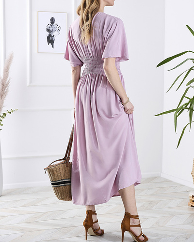 Pink women's long dress with envelope neckline - Clothing