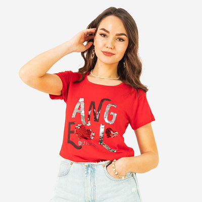 Red ladies t-shirt with sequin lettering - Clothing