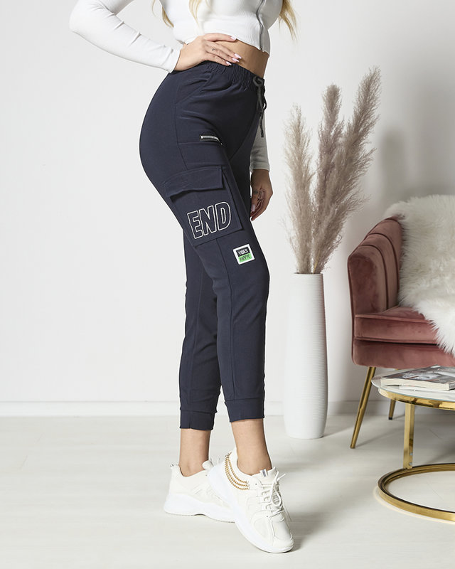Women's combat pants with inscription in navy blue- Clothing