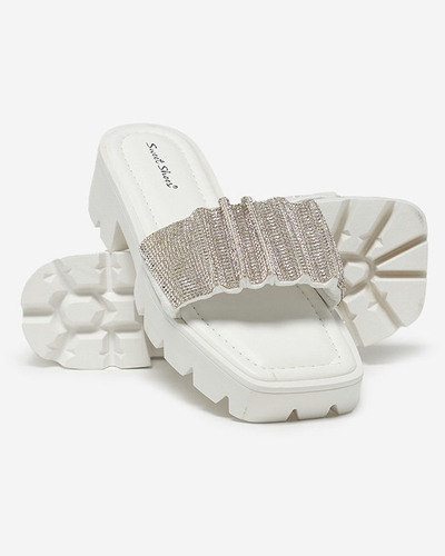 OUTLET White women's slippers with cubic zirconias Emkoy- Footwear