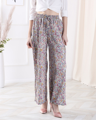 Patterned wide-leg pants for women in cream color- Clothing