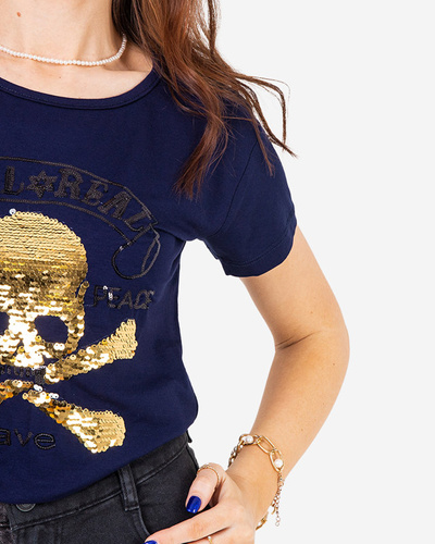 Navy blue women's sequin t-shirt with inscriptions - Clothing