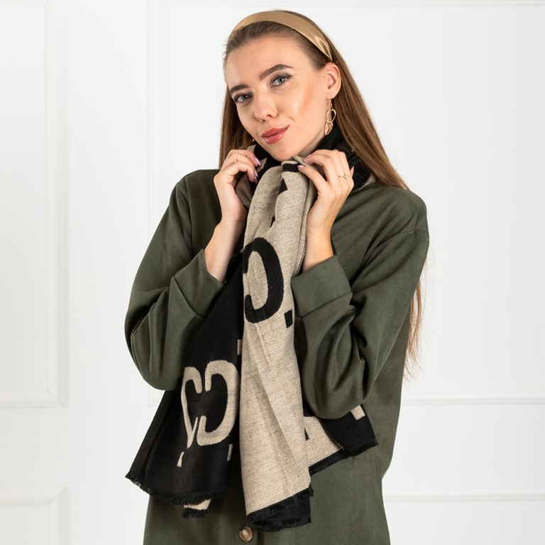 Black and beige women's warm patterned reversible scarf - Accessories
