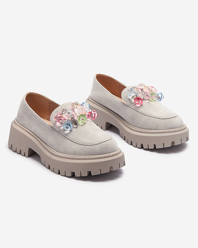 Light gray women's moccasins with colorful beads Hetika - Footwear