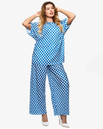 Blue women's pleated patterned set - Clothing