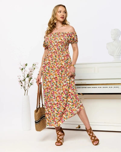 White women's midi dress with floral pattern- Clothing