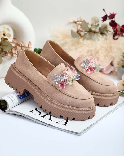 Light brown women's moccasins with colorful beads Hetika - Footwear