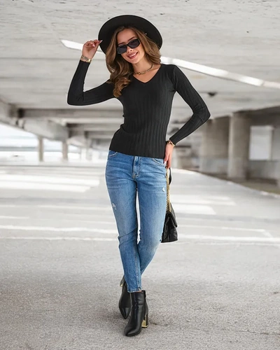 Women's Black Ribbed Sweater - Clothing