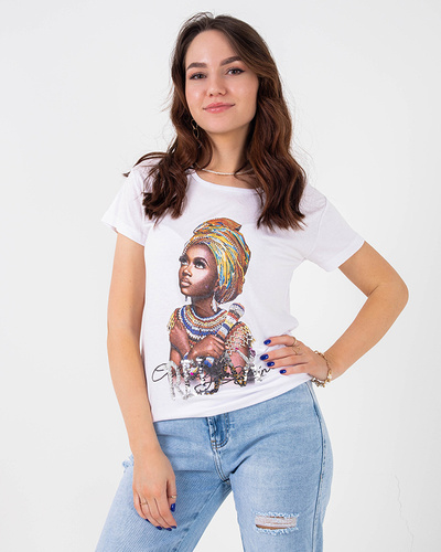 White women's t-shirt with colored print and sequins - Clothing