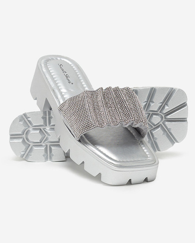 Silver women's slippers with cubic zirconia Emkoy - Footwear