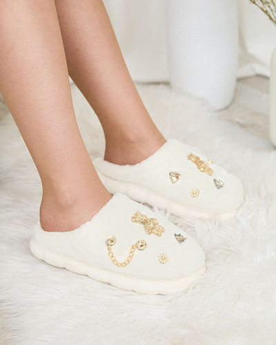 Royalfashion White women's fur slippers with ornaments Erserra