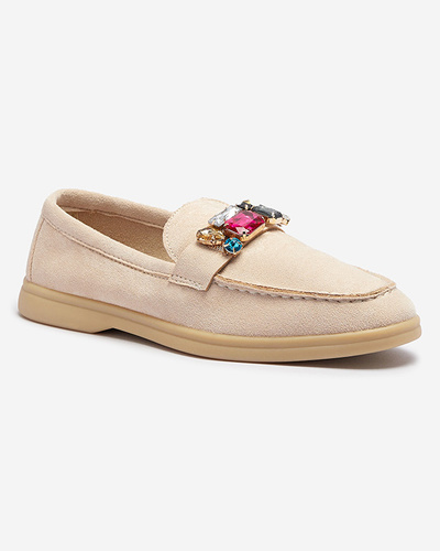 Eco suede beige women's moccasins with decorative crystals Nellens- Footwear