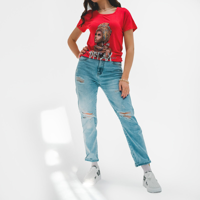 Red women's t-shirt with colored print and sequins - Clothing