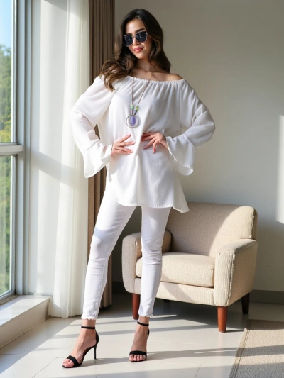 Royalfashion Sieviešu blūze bez plecu izgriezuma ar volāniem