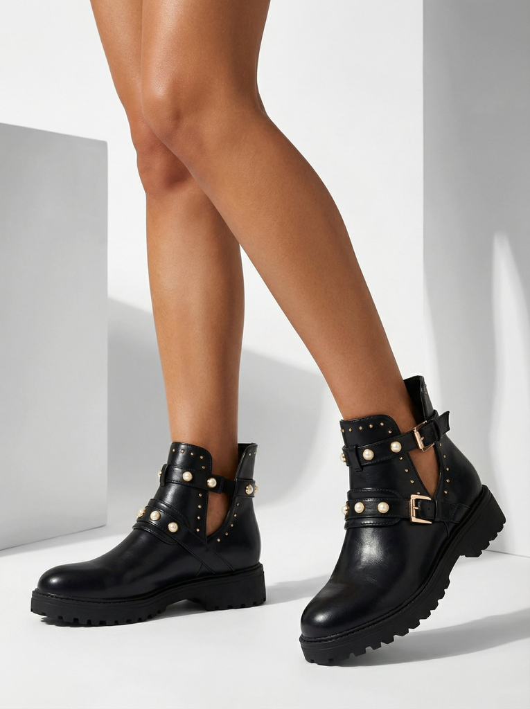 Royalfashion Black women's embellished flat heeled boots Pearl Elegance