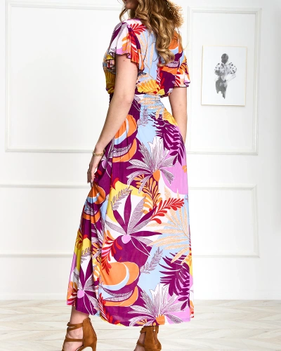 Purple women's long dress with floral print - Clothing