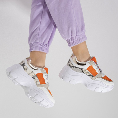 White-orange women's sports sneakers with animal embossing Erwin - Footwear