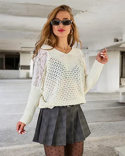 Royalfashion Women's openwork sweater with lace