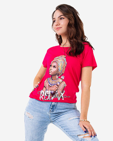 Fuchsia women's t-shirt with colorful print and sequins - Clothing