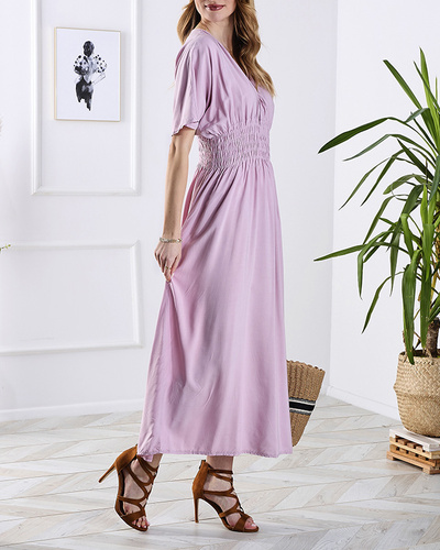 Pink women's long dress with envelope neckline - Clothing