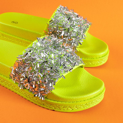 Neon green women's slippers with cubic zirconias Onesti - Footwear