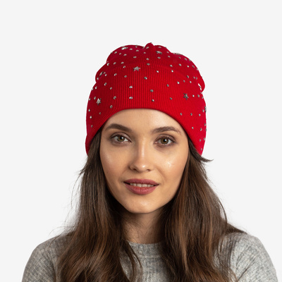 Women's red beanie with stars and cubic zirconia - Accessories