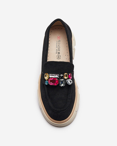 Black openwork women's moccasins with Bokkso decoration- Footwear