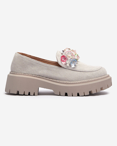 Light gray women's moccasins with colorful beads Hetika - Footwear