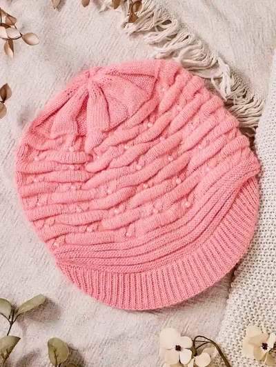 Light pink women's warm hat with pearls - Accessories