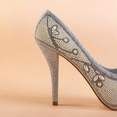 OUTLET Women's silver brocade stiletto pumps with ornaments Belisa - Footwear