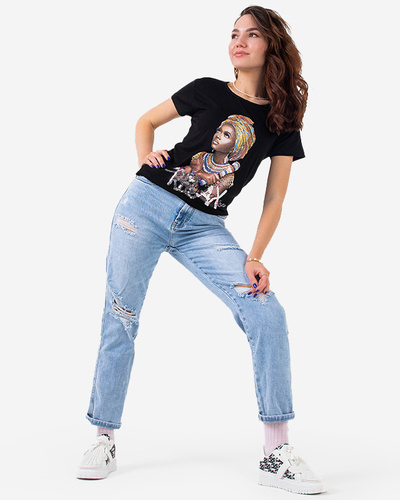 Black women's t-shirt with colored print and sequins - Clothing