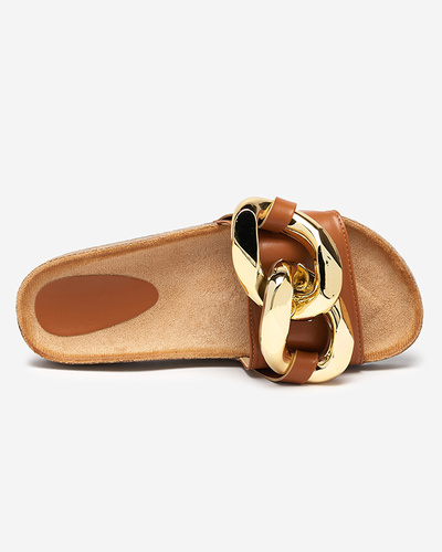 Ladies' brown slippers with decoration at Fixci- Footwear