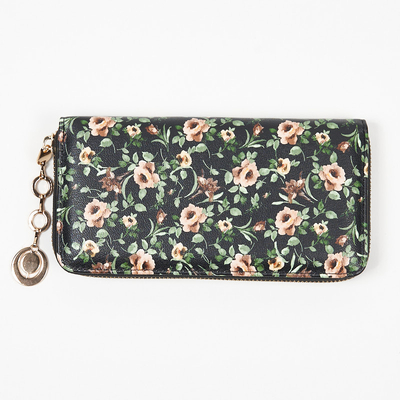 Large black women's wallet with a floral pattern - Accessories